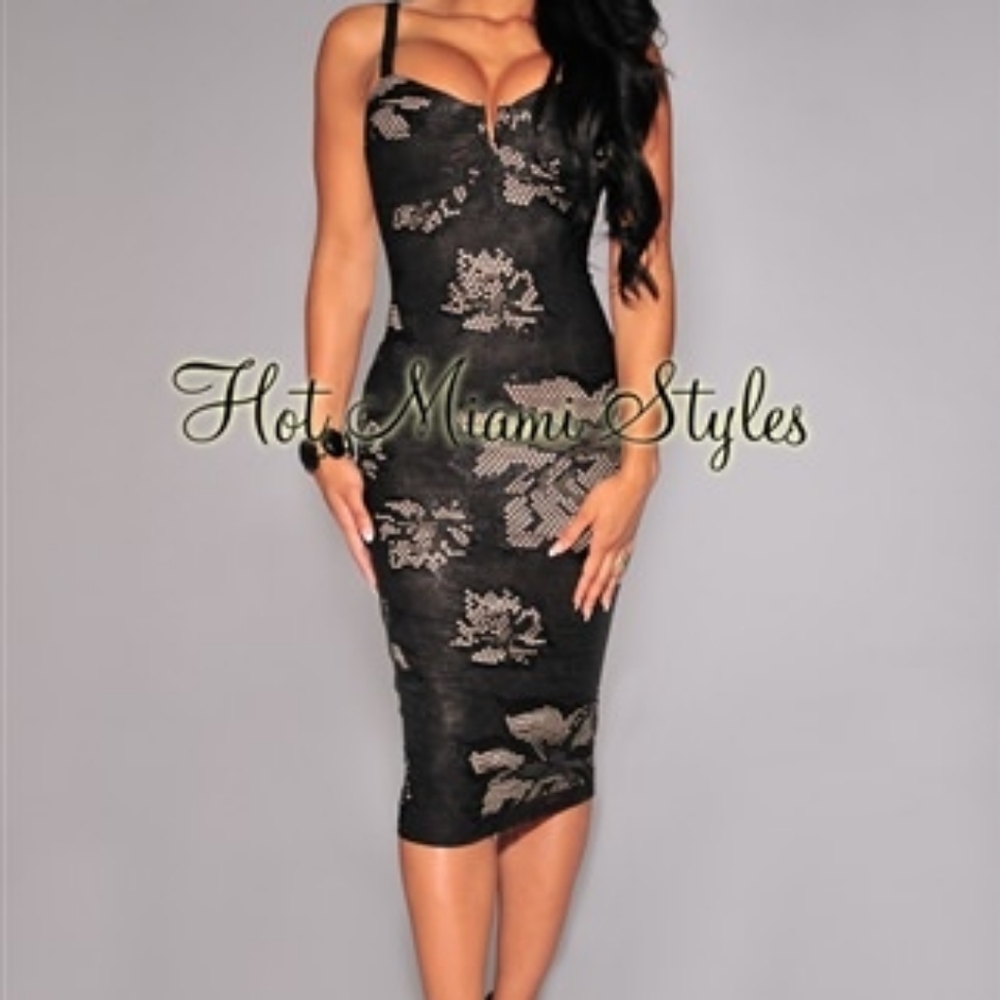Hot Miami Styles Black Embossed Nude Illusion Midi